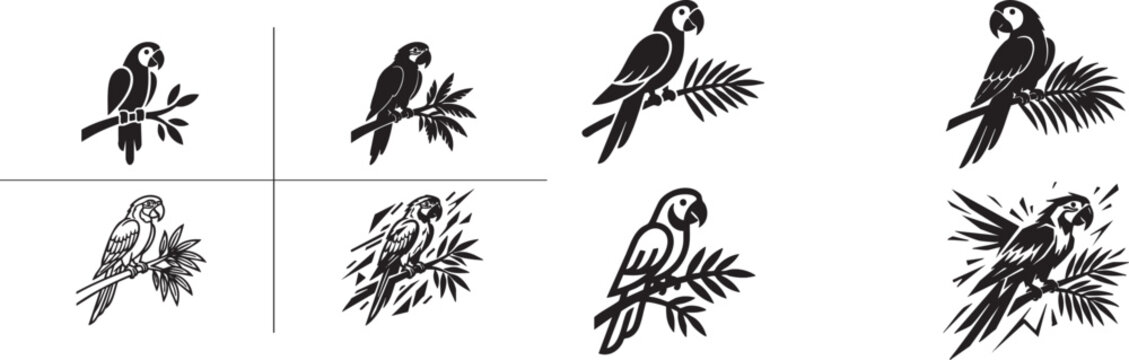 Collection of various parrot silhouettes perched on branches and leaves in different poses and styles, set of vectors animal silhouette