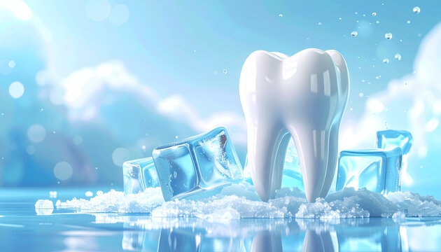 Sparkling White Tooth Emerging from Ice and Water.