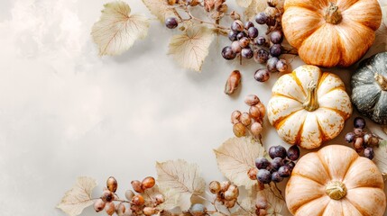 Obraz premium Autumn pumpkins, grapes, leaves creating seasonal background, copy space