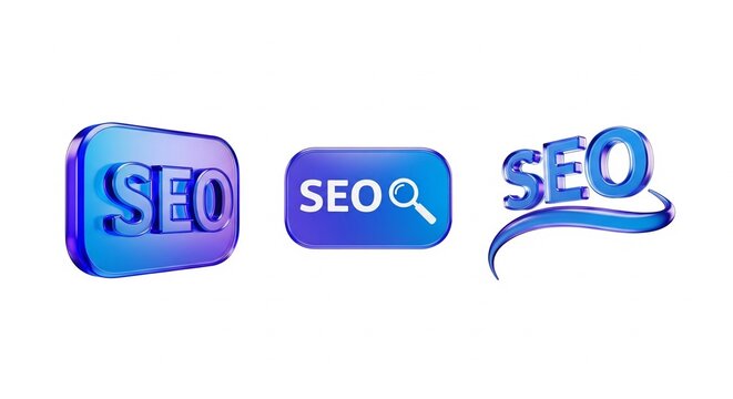 Three 3D rendered blue gradient SEO icons and text isolated on white background for marketing and advertising