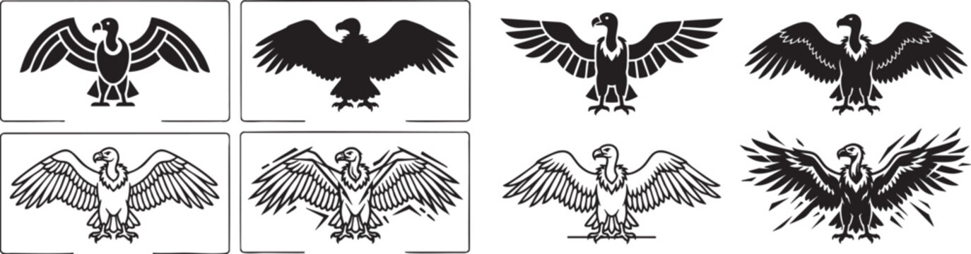 Collection of various eagle silhouettes and illustrations in different styles and poses on a, set of vectors animal silhouette
