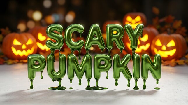 Scary pumpkin text made of glossy green slime with glowing jackolanterns in the background