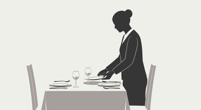 Waitress setting table for fine dining