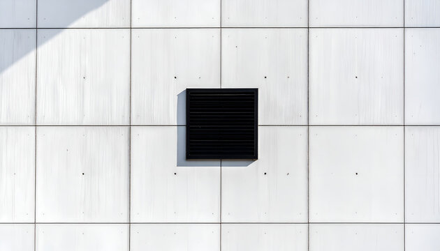 Minimalist Black Square on White Tiled Building Facade.