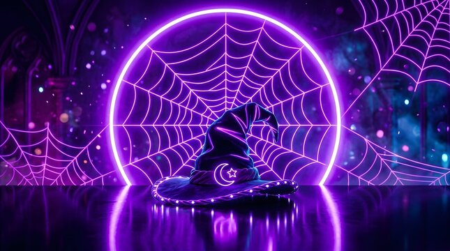 Neon glowing witch hat with a moon and star symbol centered in front of a bright purple spider web circle background