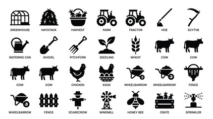 Black silhouette collection of agricultural farm tools machinery crops livestock and gardening equipment for rural countryside lifestyle and food production harvest symbols. © Ananna