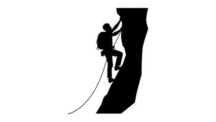 Rock climber silhouette scaling a vertical cliff face, determined and focused. © Md