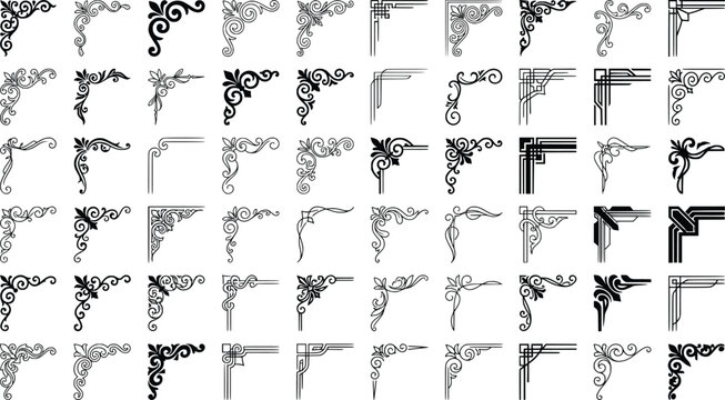 Vintage decorative corner borders set, 60 ornate floral frame elements in EPS format, classic victorian scrollwork and filigree dividers for wedding invitations