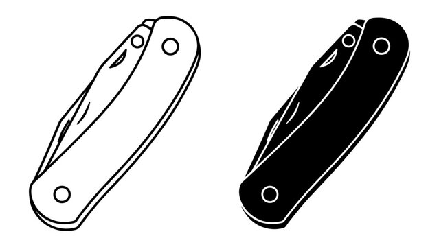 Multi-tool Knife Outline and Silhouette: A graphic representation of a multi-tool pocket knife, presented in both an outline and a solid silhouette format for versatility in design applications.