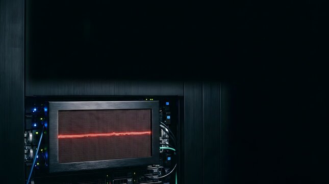 Dark server rack displaying a red flatline screen representing corporate infrastructure failure medical equipment crash and health insurance denial