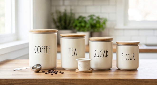 Set of labeled kitchen storage containers with wooden lids arranged on a wooden countertop. White jars for coffee, tea, sugar and flour displayed in a bright kitchen interior. Metal scoop, coffee bean