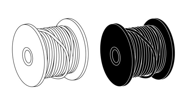 Cable Spools: Two cable spools, one a black silhouette and the other a white line drawing, showcase coiled wire ready for use.