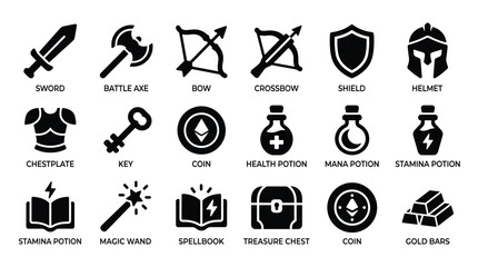 Fantasy rpg game item icons featuring sword battle axe bow crossbow shield helmet chestplate key coin health mana stamina potion magic wand spellbook and gold bars set. © Ananna