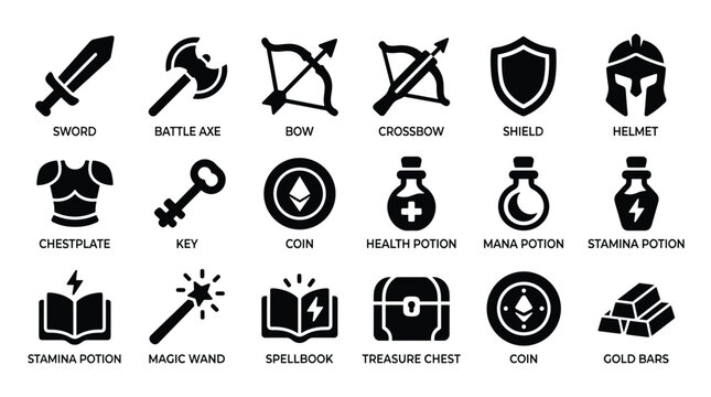 Fantasy rpg game item icons featuring sword battle axe bow crossbow shield helmet chestplate key coin health mana stamina potion magic wand spellbook and gold bars set.