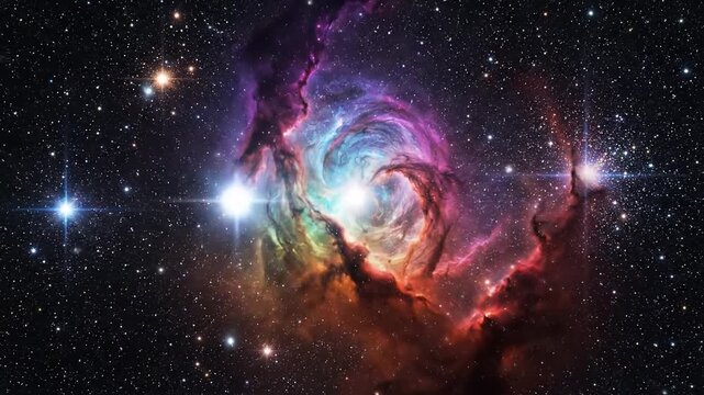 Colorful nebula swirling with vibrant gases and luminous stellar energy in a dark cosmic landscape