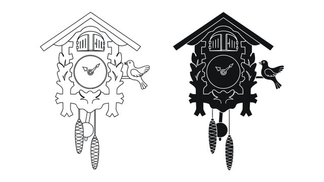 Cuckoo Clock Designs: Two distinct styles of cuckoo clocks are presented, one a simple line drawing and the other a bold silhouette, both featuring the iconic bird and pendulum.