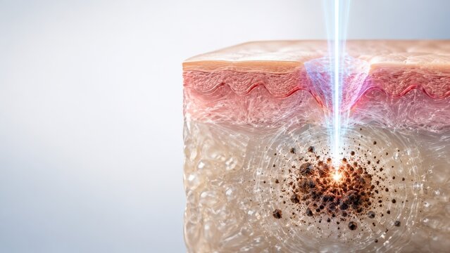 Detailed medical illustration of skin layer treatment targeting pigmented lesion with laser beam