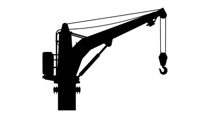 Crane Silhouette: A silhouette of a robust industrial crane, its boom extended and hook ready for action, stands against a plain background, symbolizing heavy lifting and construction. © Md