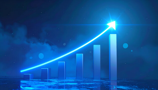 Glowing Blue Arrow Graph Shows Upward Trend and Business Growth.