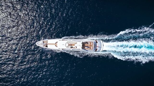 Aerial overhead view of a modern luxury yacht passing by over blue, sparkling ocean leaving a trail of white surf and waves