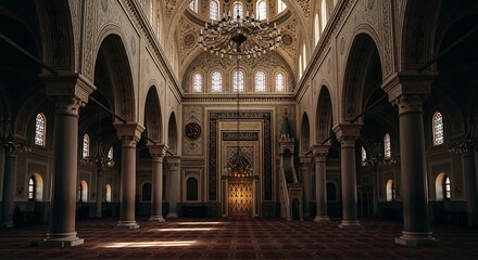 Fototapeta premium Interior of a traditional mosque with ornate arches and lighting