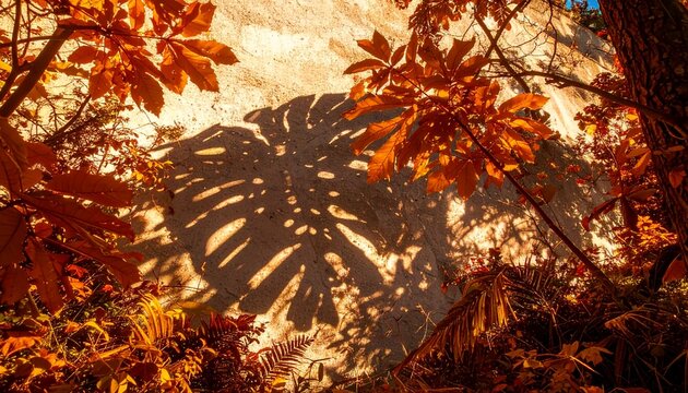 A high-definition, realistic photograph featuring the detailed, overlapping shadows of intricate natural foliage cast against a textured, off-white plaster wall. Created by the warm, intense sunlight 