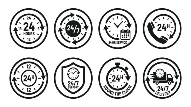 Clock icons represent twenty-four seven availability for customer support and business services.