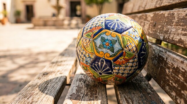 Artistic close up of soccer ball hand painted in vibrant Mexican Talavera tile patterns sitting on rustic wooden bench