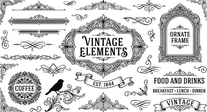 Vintage elements and ornate frame collection, decorative Victorian borders and flourishes, black filigree dividers and scrolls for menu design, EPS vector set
