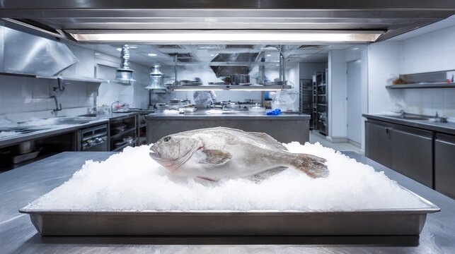 turbot. A whole silver-gray turbot fish on ice in a professional kitchen. menu design, packaging mockups, designed for culinary blogs and recipe cards for restaurants, used by art directors.