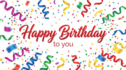 Fototapeta premium Colorful vector illustration featuring a happy birthday greeting surrounded by vibrant swirling ribbons and confetti particles