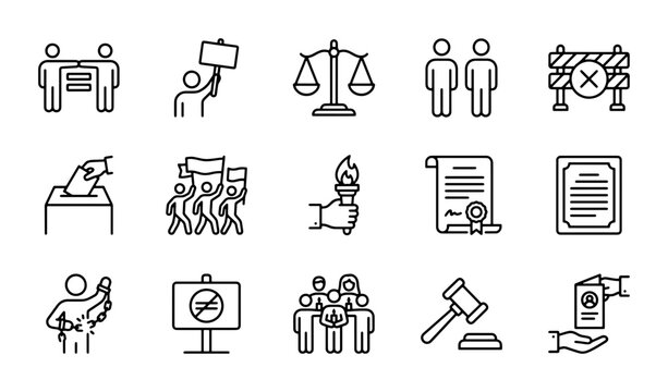 Justice and Rights Icons: Legal, Protest, and Freedom Symbols, 15 Vector Elements