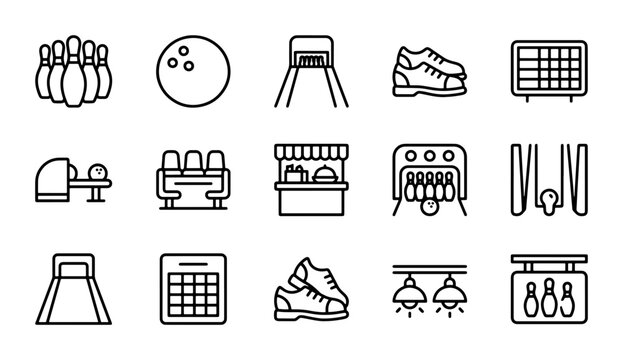 Bowling Icons Set: Pins, Ball, Shoes, Scoreboard, Lane, Machine, Seats, Stand, Equipment, Vector Graphics