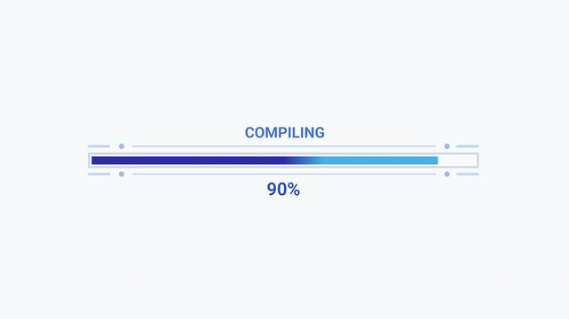 Modern flat vector animation of a compiling progress bar with loading status text and smooth horizontal fill. Ideal for software development, programming, web applications, dashboards, and technology 