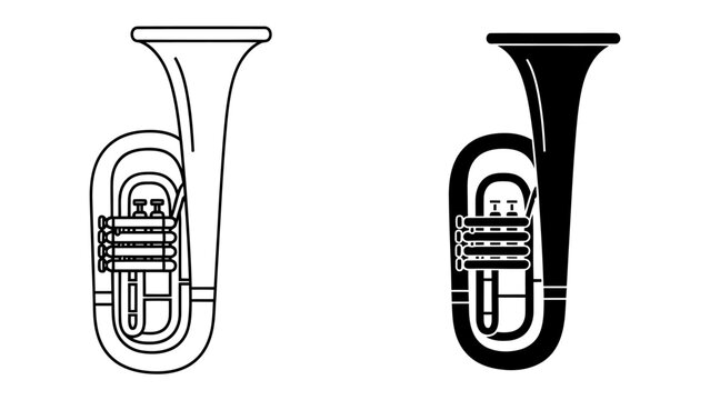 Musical Instrument Icons: Two stylized icons of a baritone horn, one outlined in black and white, the other a solid black silhouette, representing the classic brass instrument.