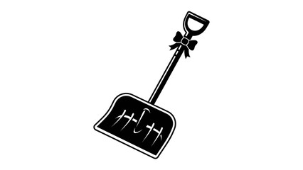 Snow shovel with a bow: A stylized illustration of a snow shovel, embellished with a festive bow, presented in a black and white graphic. © Nadim