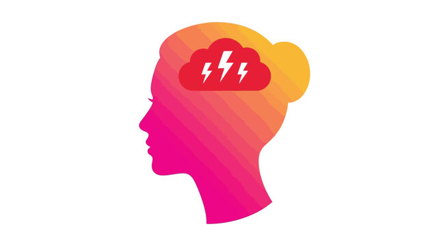 Colorful vector illustration of a human head silhouette featuring a red stormy lightning cloud icon