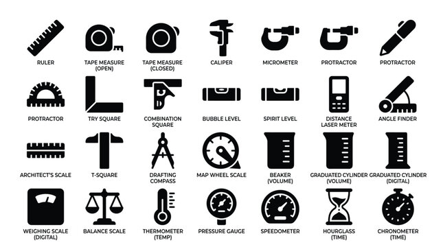 Set of measuring tools and instruments vector icons including rulers, calipers, protractors, scales, and timekeeping devices.