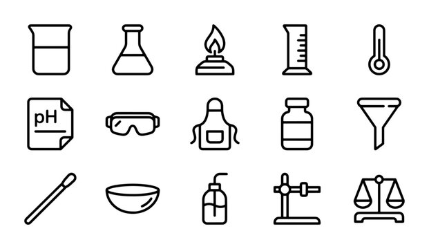 Chemistry Lab Icons Set, Scientific Equipment Vector Graphics, Laboratory Tools Collection
