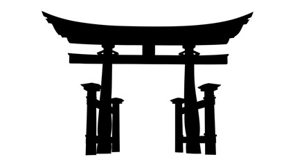 Japanese Torii Gate Silhouette: A stark black silhouette of a traditional Japanese Torii gate stands against a clean backdrop, symbolizing entry, transition, and spiritual gateways. © Md