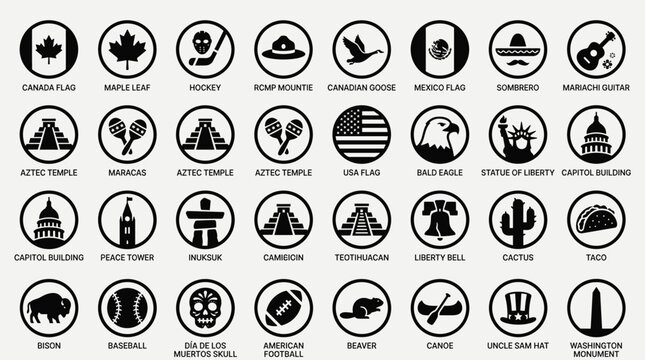 Set of travel landmarks icons featuring north american symbols such as canada flag maple leaf statue of liberty capitol building aztec temple cactus taco bison and canoe.