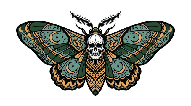 Detailed vector illustration of an intricate death moth featuring a skull and ornamental celestial patterns