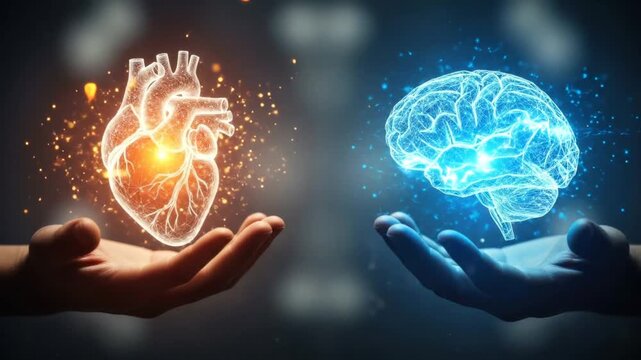 Glowing holographic human heart and brain held by hands to represent the balance between logic and emotion on a dark background.
