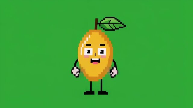Cute cartoon mango character dancing happily in a vibrant green background with a subtle cinematic camera pan