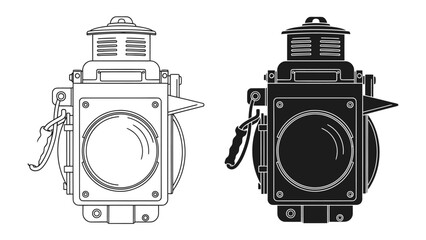 Vintage Train Lanterns: Two detailed illustrations showcase antique train lanterns, one in a clean outline style and the other as a solid black silhouette. © Mohammad