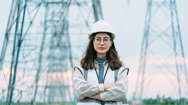 A confident young Asian female engineer wearing a white hard hat, glasses, and a reflective vest standing with arms crossed in front of high voltage power lines and electrical towers.