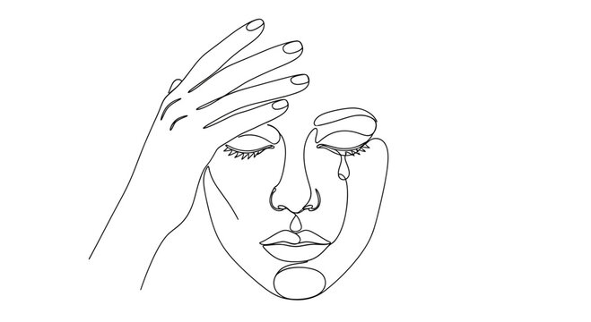 Minimalist Line Art: Woman's Face in Distress with Tear and Hand