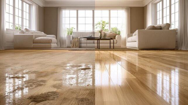 Before and after cleaning comparison of dirty and shiny hardwood floor in living room