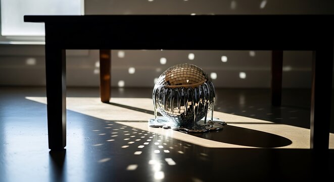 Melting disco ball on floor creating light reflections under a table