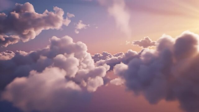 Dreamy flight through soft cotton clouds at sunset with warm golden light and pink sky